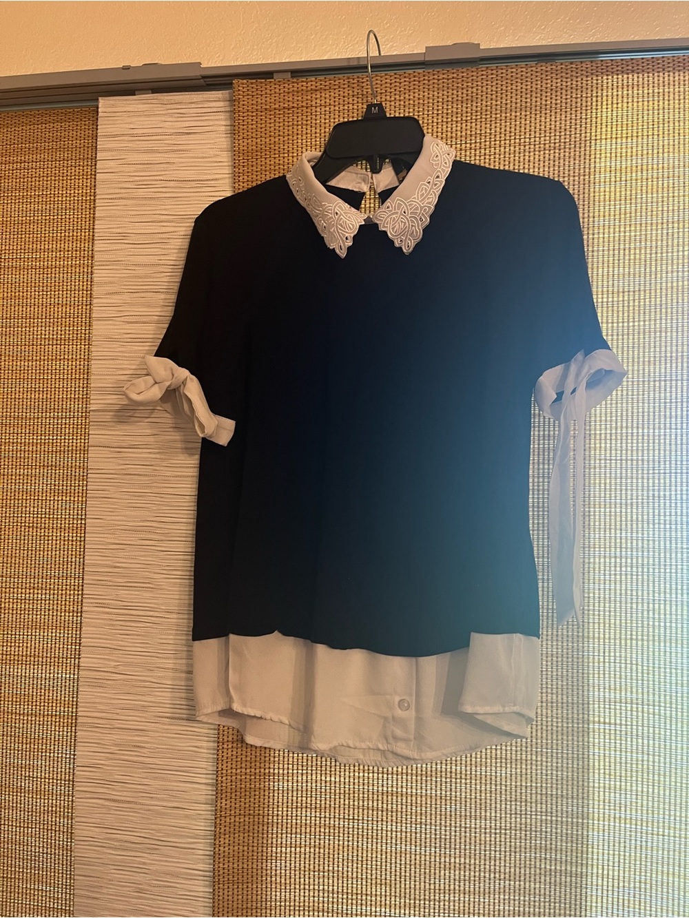 Misia Black Short-Sleeve Top with White Lace Collar and Hem